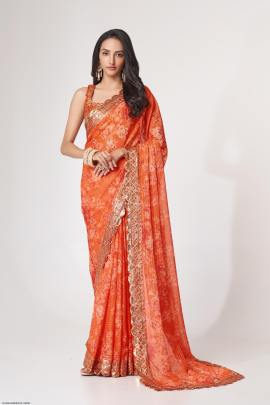 Orange Organza Floral Sarees Vol 1 by Zeel Clothing