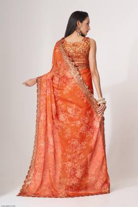 Orange Organza Floral Sarees Vol 1 by Zeel Clothing