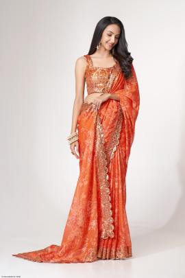 Orange Organza Floral Sarees Vol 1 by Zeel Clothing