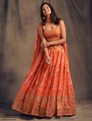 Orange Organza Lehenga Choli From Floral Vol 2 by Zeel Clothing