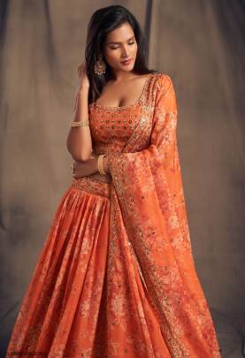 Orange Organza Lehenga Choli From Floral Vol 2 by Zeel Clothing