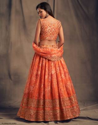 Orange Organza Lehenga Choli From Floral Vol 2 by Zeel Clothing