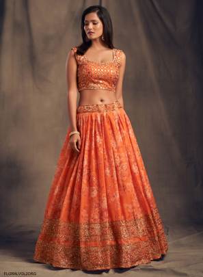 Orange Organza Lehenga Choli From Floral Vol 2 by Zeel Clothing