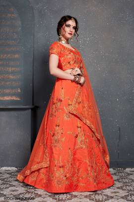 Orange Slub Silk Lehenga Choli From Roohbab by Zeel Clothing