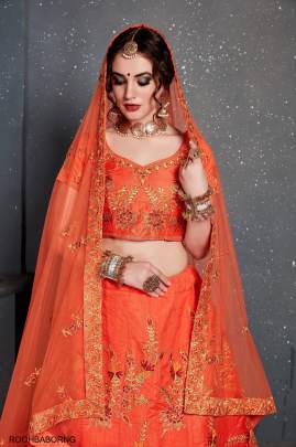 Orange Slub Silk Lehenga Choli From Roohbab by Zeel Clothing