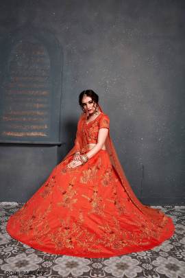 Orange Slub Silk Lehenga Choli From Roohbab by Zeel Clothing