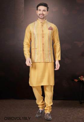 Outluk Wedding Collection Vol 19 Mens Kurta Pajama With Koti In Lemmon Yellow