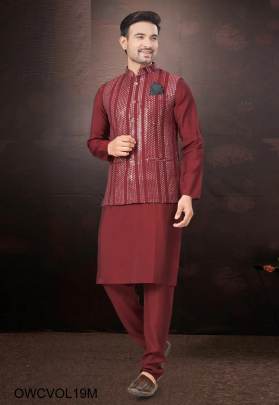 Outluk Wedding Collection Vol 19 Mens Kurta Pajama With Koti In Maroon