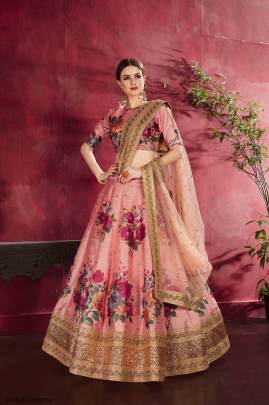 Peach Heavy Banglori Silk Lehenga Choli From Carnations by Zeel Clothing