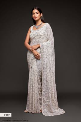 Pearl White Georgette Multiple Sequence Embroidery The Starlite Sarees Vol 1 By Zeel Clothing