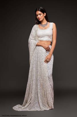 Pearl White Georgette Multiple Sequence Embroidery The Starlite Sarees Vol 1 By Zeel Clothing