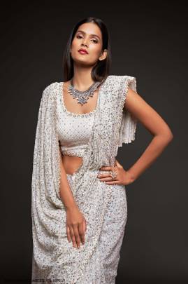 Pearl White Georgette Multiple Sequence Embroidery The Starlite Sarees Vol 1 By Zeel Clothing