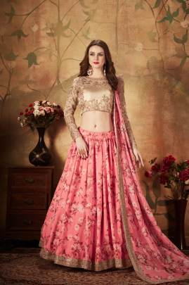 Pink and Beige Organza Lehenga Choli From Floral Vol 1 by Zeel Clothing