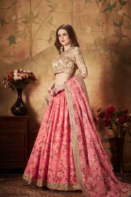 Pink and Beige Organza Lehenga Choli From Floral Vol 1 by Zeel Clothing