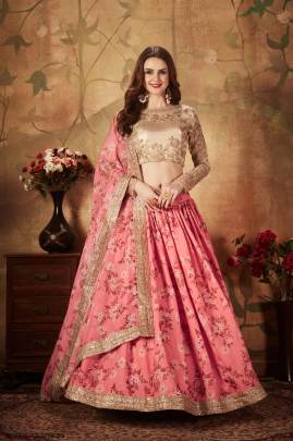 Pink and Beige Organza Lehenga Choli From Floral Vol 1 by Zeel Clothing