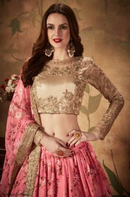 Pink and Beige Organza Lehenga Choli From Floral Vol 1 by Zeel Clothing