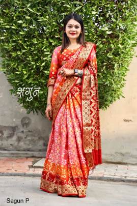 Pink Beautiful Gharchola Bandhani Saree Catalog Sagun