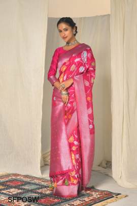 Pink Premium Orgenza Silk Zari Weaving Saree 