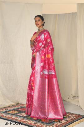 Pink Premium Orgenza Silk Zari Weaving Saree