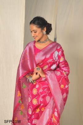 Pink Premium Orgenza Silk Zari Weaving Saree