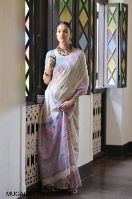 Premium Soft Temple Weaving Ikkat Border Saree in Cream