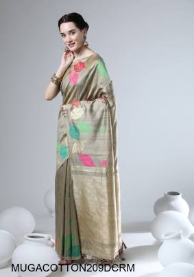 Premium Soft Temple Weaving Ikkat Border Saree in Dark Cream