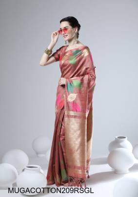 Premium Soft Temple Weaving Ikkat Border Saree in Rose Gold