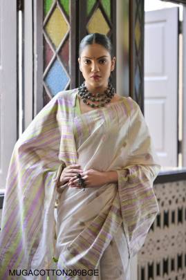 Premium Soft Temple Weaving Ikkat Border Saree in Beige