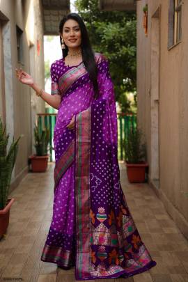 Pure Bandhej Silk Saree in Light Purple