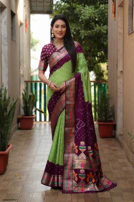 Pure Bandhej Silk Saree in Pista