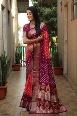 Pure Bandhej Silk Saree in Rani