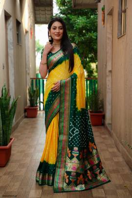 Pure Bandhej Silk Saree in Yellow