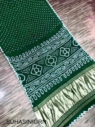 Pure Bandhej with Lagdi Patta Zari Weving Rich Pallu Saree in Green