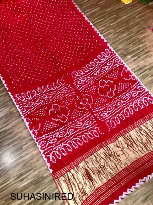 Pure Bandhej with Lagdi Patta Zari Weving Rich Pallu Saree in Red