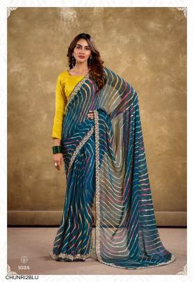 Pure Chiffon with Cutwork Embroidery Saree in Turmeric Blue