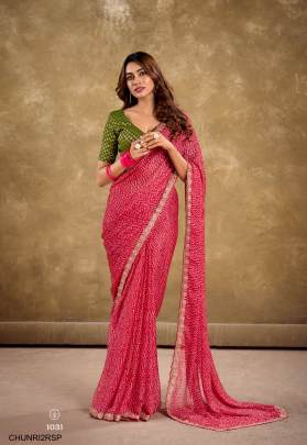 Pure Chiffon with Cutwork Embroidery Saree in Rose Pink