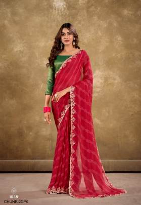 Pure Chiffon with Cutwork Embroidery Saree in Dark Pink