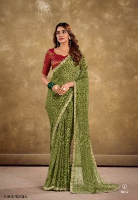 Pure Chiffon with Cutwork Embroidery Saree in Olive Green