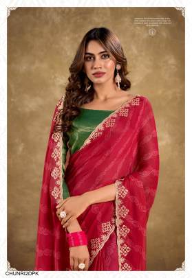 Pure Chiffon with Cutwork Embroidery Saree in Dark Pink