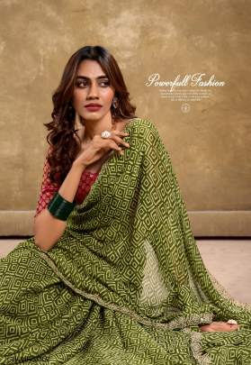 Pure Chiffon with Cutwork Embroidery Saree in Olive Green