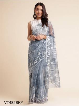 Pure Organza Silk Saree in Light Sky