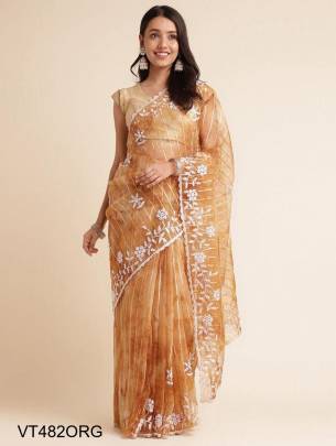 Pure Organza Silk Saree in Light Orange