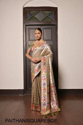 Pure Soft Paithani Silk Saree with Beautiful Lotus Weaving Border in Biege