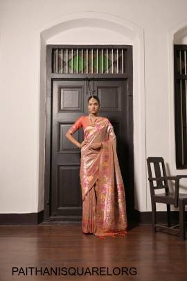 Pure Soft Paithani Silk Saree with Beautiful Lotus Weaving Border in Light Orange