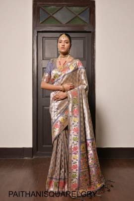 Pure Soft Paithani Silk Saree with Beautiful Lotus Weaving Border in Light Grey