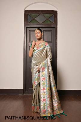 Pure Soft Paithani Silk Saree with Beautiful Lotus Weaving Border in Light Rama Green