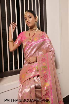 Pure Soft Paithani Silk Saree with Beautiful Lotus Weaving Border in Light Pink