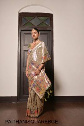 Pure Soft Paithani Silk Saree with Beautiful Lotus Weaving Border in Biege