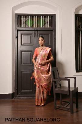 Pure Soft Paithani Silk Saree with Beautiful Lotus Weaving Border in Light Orange