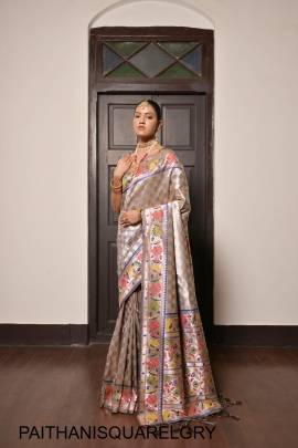 Pure Soft Paithani Silk Saree with Beautiful Lotus Weaving Border in Light Grey